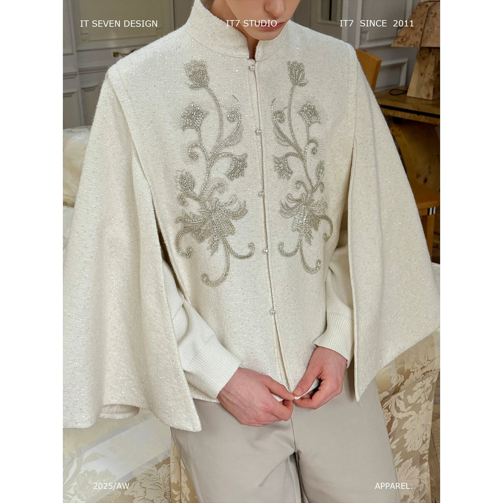 Jacquard Stand-Collar Embroidered Shawl Cape Coat 1
