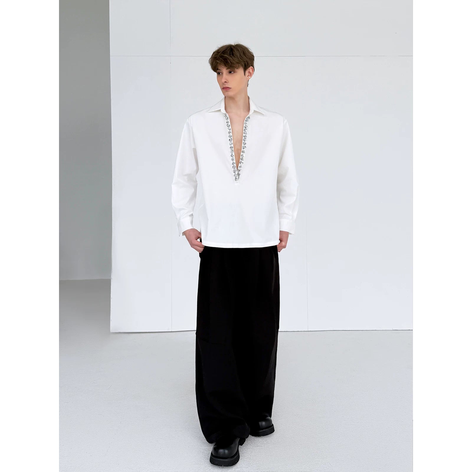 Deep V-Neck Sequin Trim Long Sleeve Shirt 5