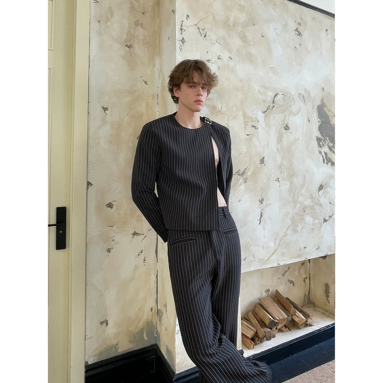 Vertical Stripe Asymmetrical Blazer Pants Set 5