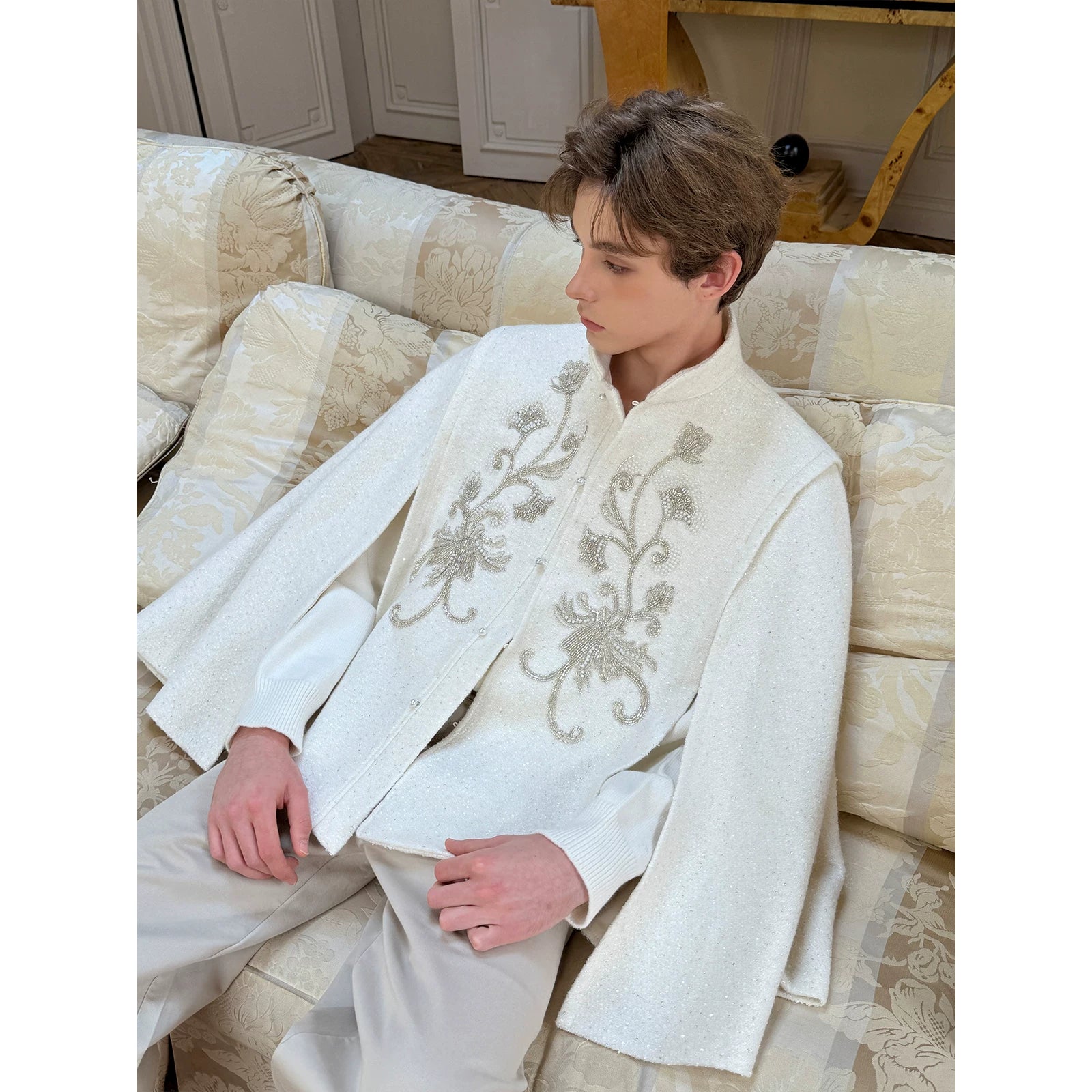 Jacquard Stand-Collar Embroidered Shawl Cape Coat 3