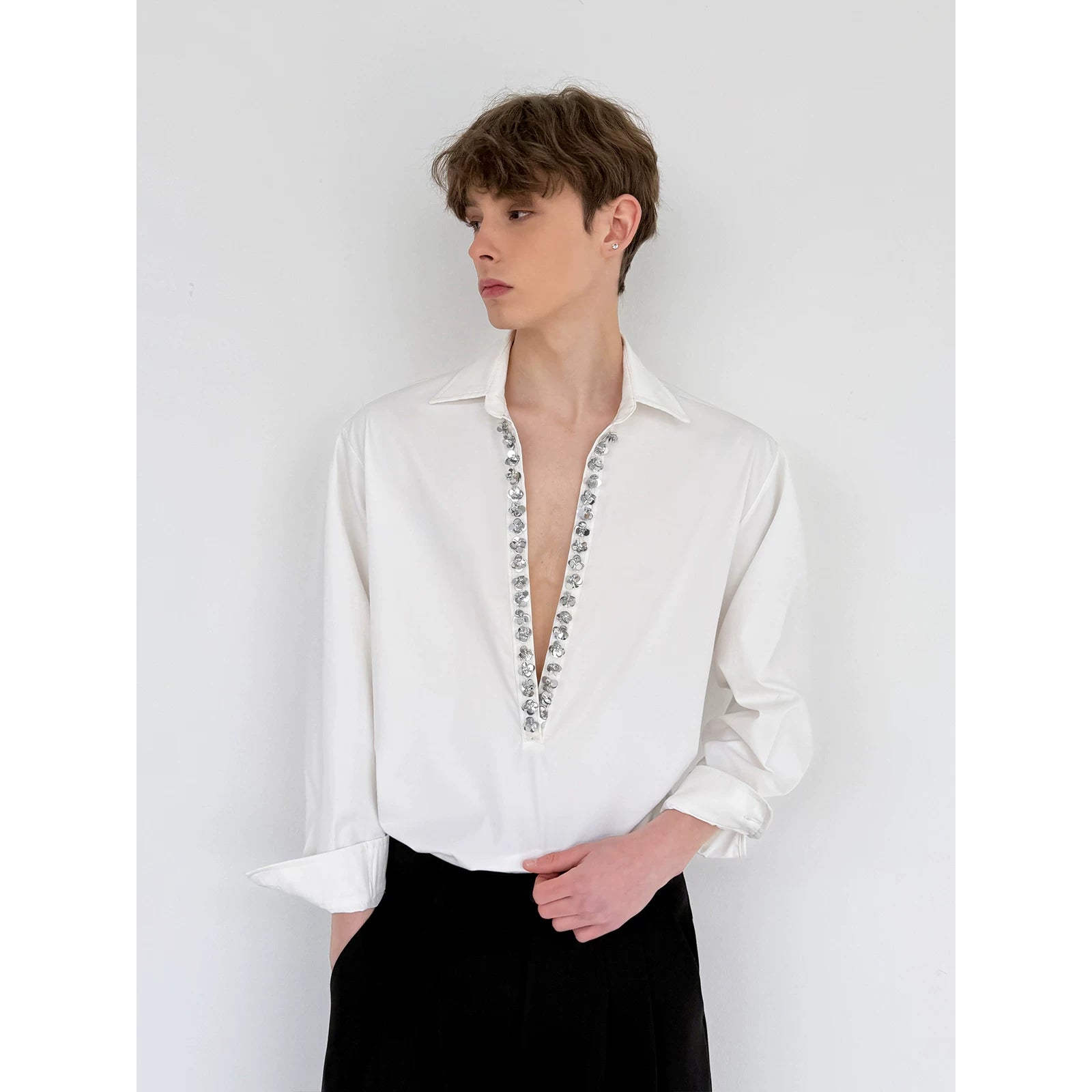 Deep V-Neck Sequin Trim Long Sleeve Shirt 2