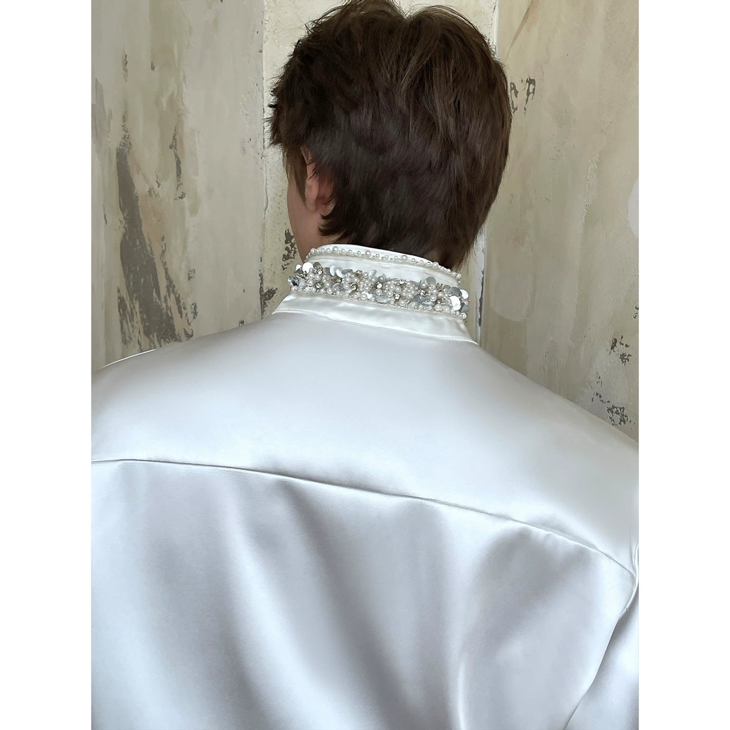 Rhinestone Collar Satin Dress Shirt 2