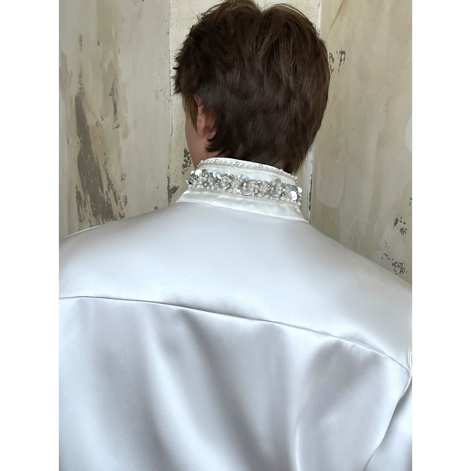 Rhinestone Collar Satin Dress Shirt 2