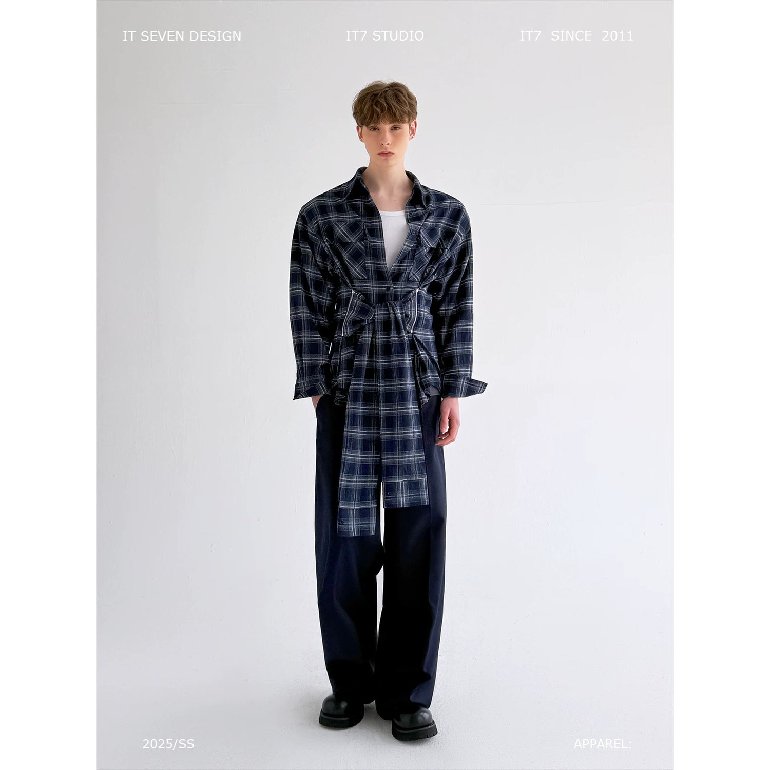 Long-Sleeve Plaid Shirt with Back Tie 1