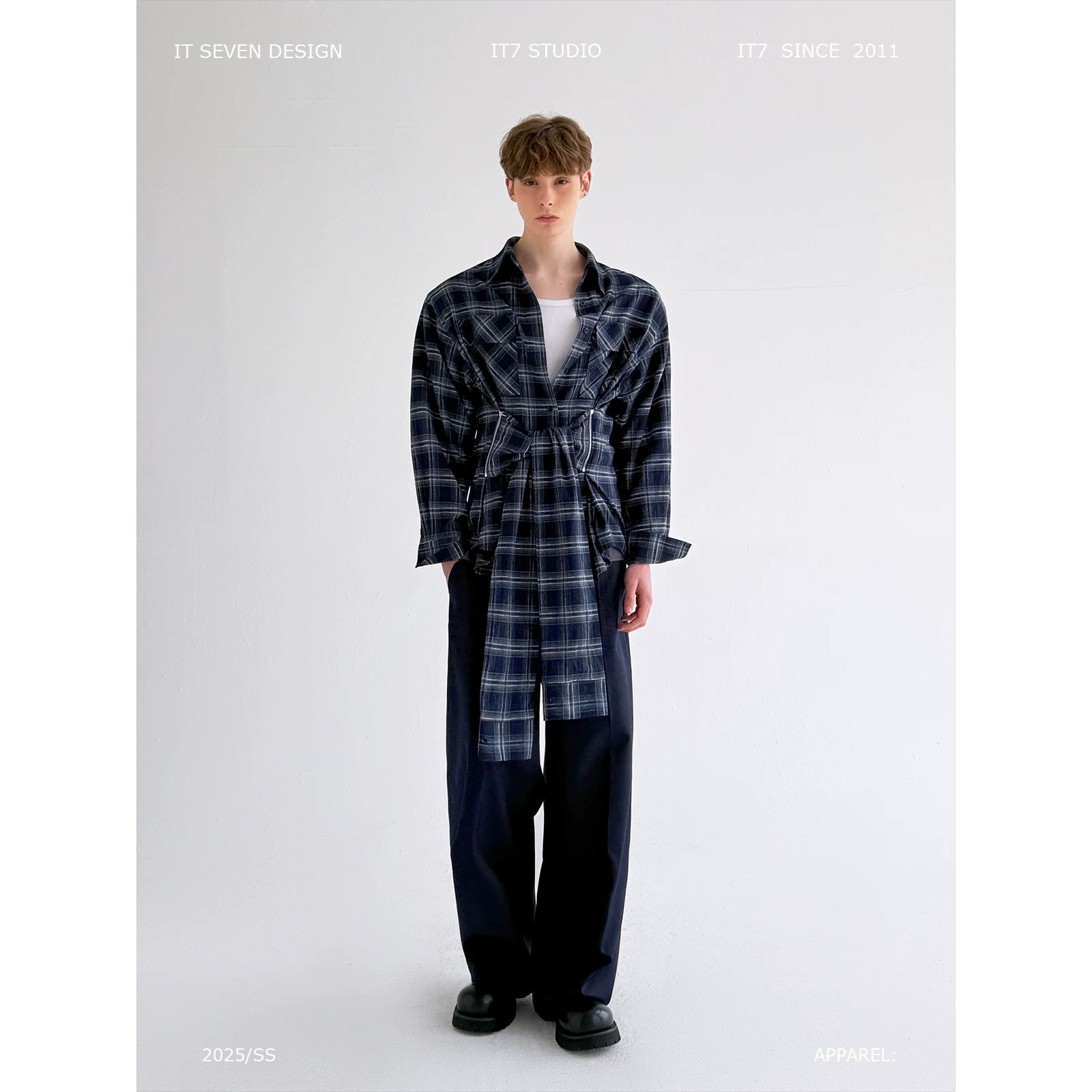 Long-Sleeve Plaid Shirt with Back Tie 1