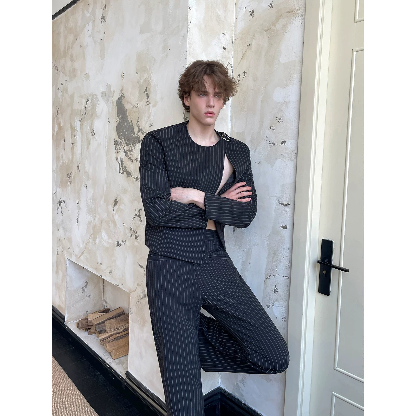 Vertical Stripe Asymmetrical Blazer Pants Set 4