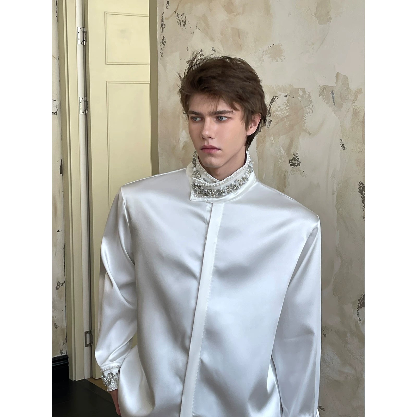 Rhinestone Collar Satin Dress Shirt 3