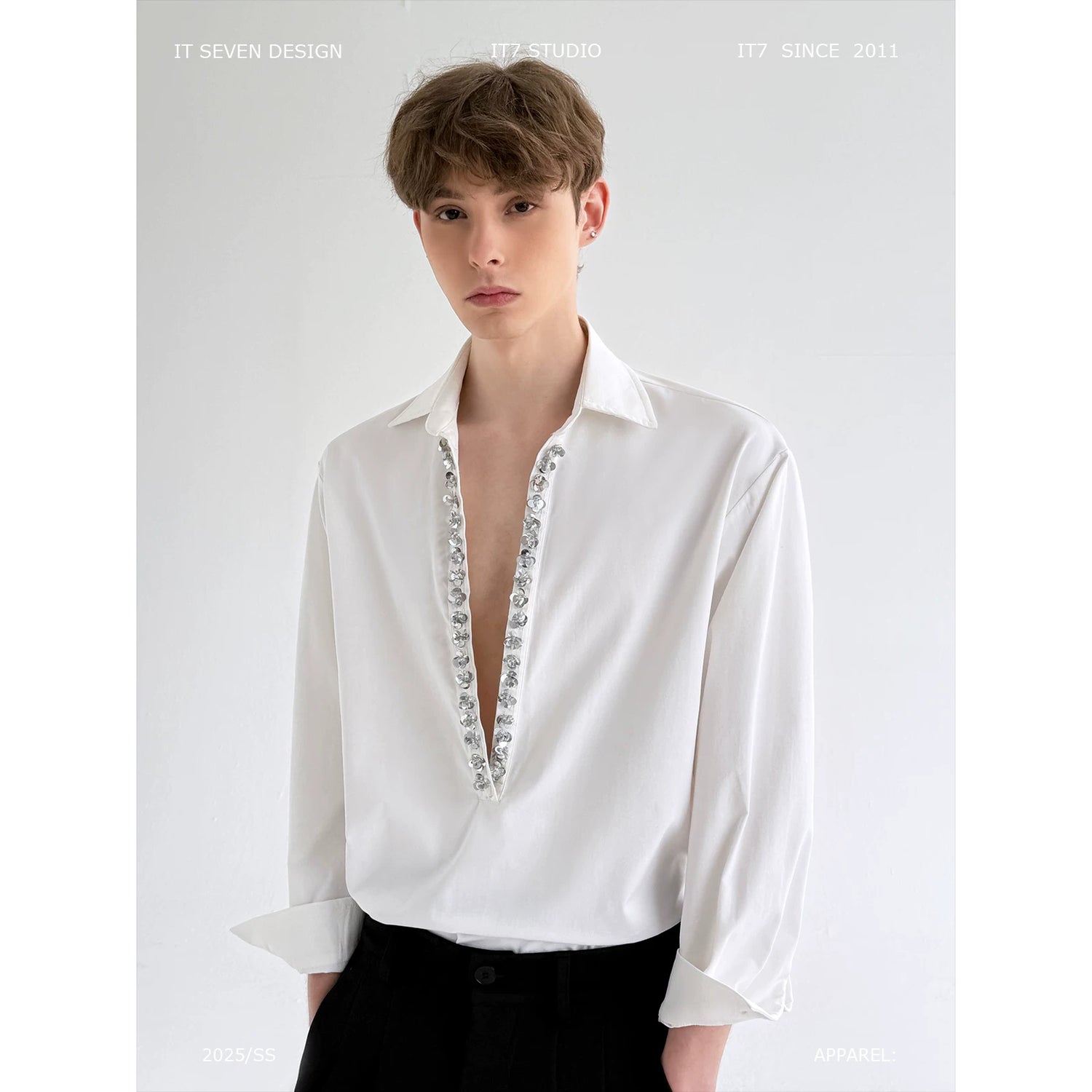 Deep V-Neck Sequin Trim Long Sleeve Shirt 1