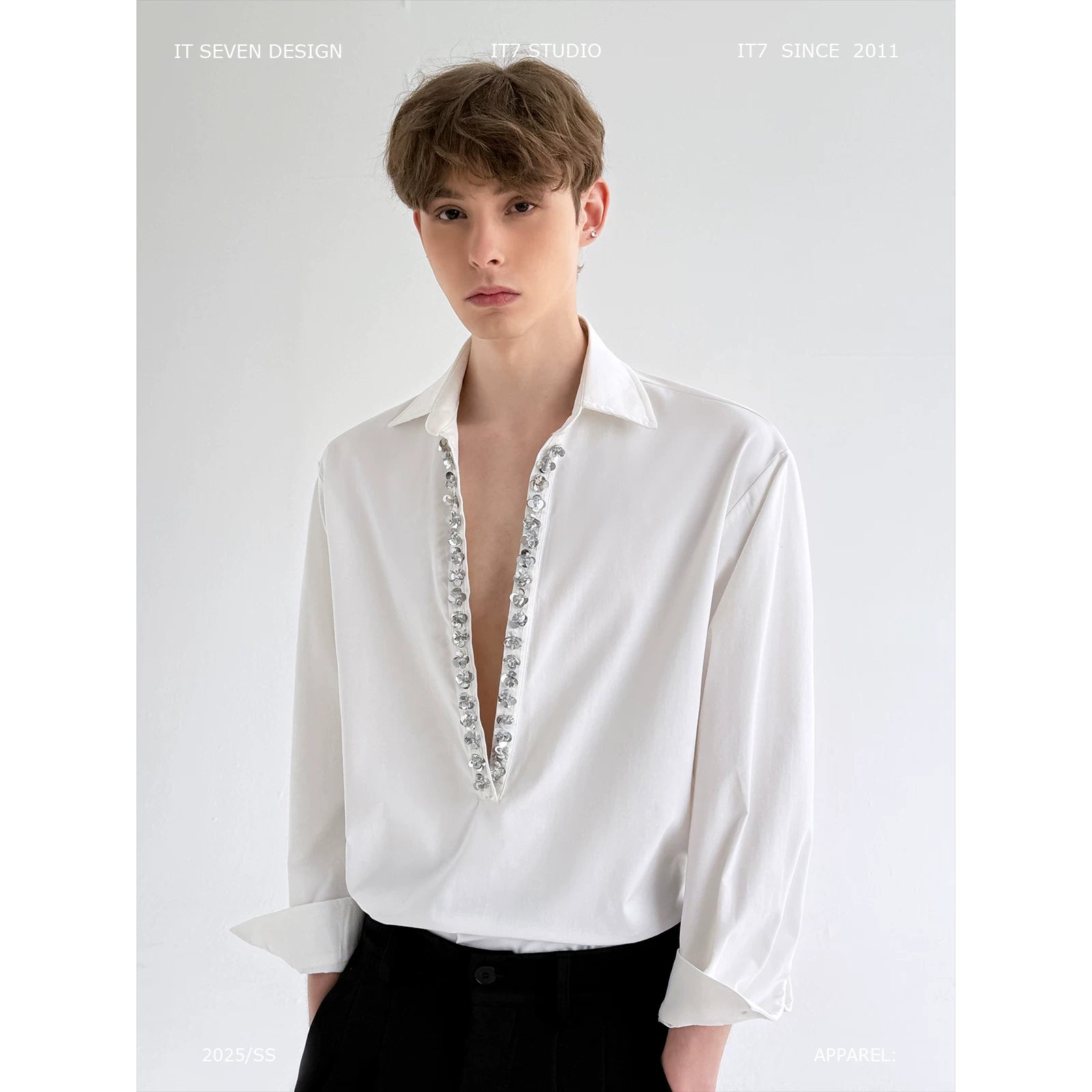 Deep V-Neck Sequin Trim Long Sleeve Shirt 1