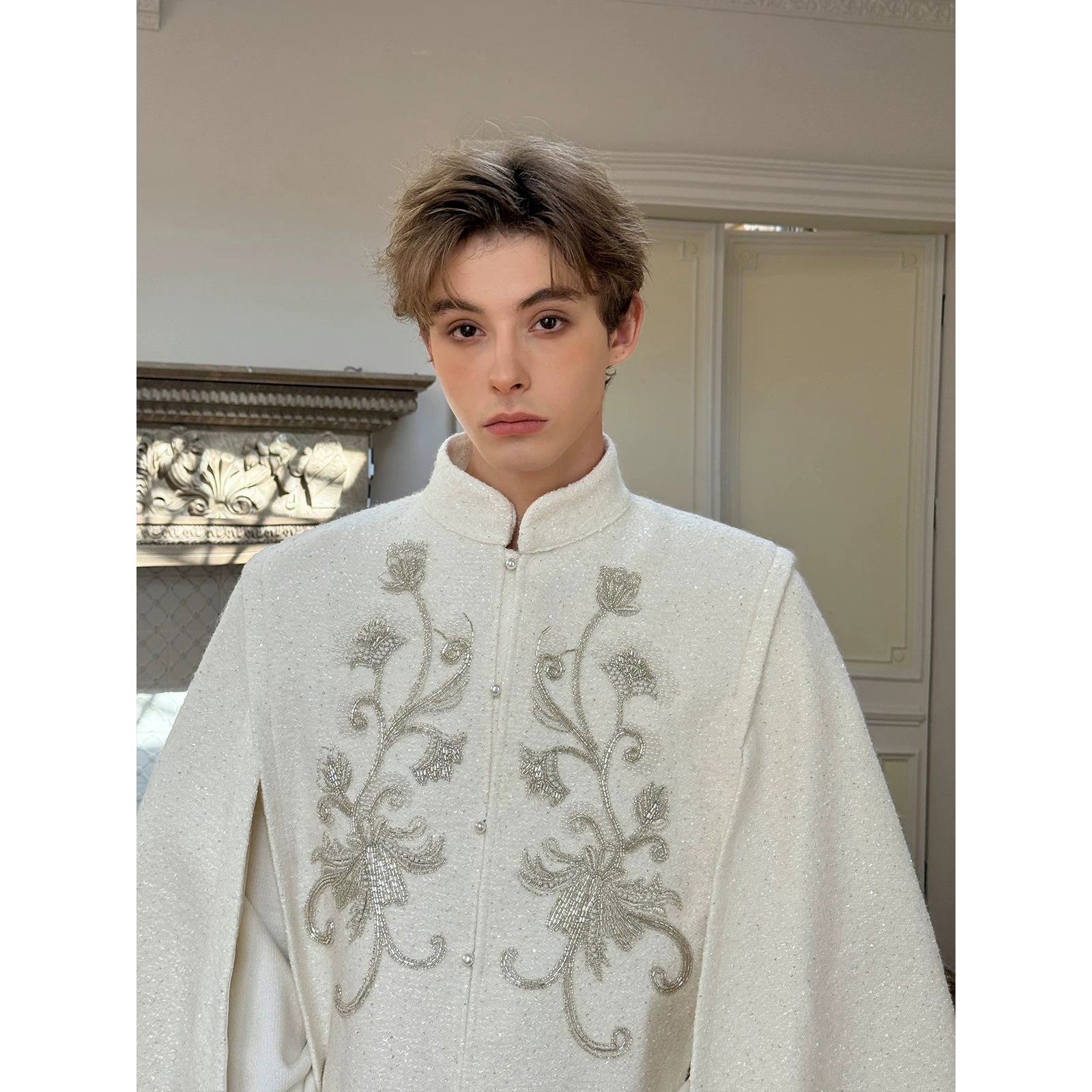 Jacquard Stand-Collar Embroidered Shawl Cape Coat 5