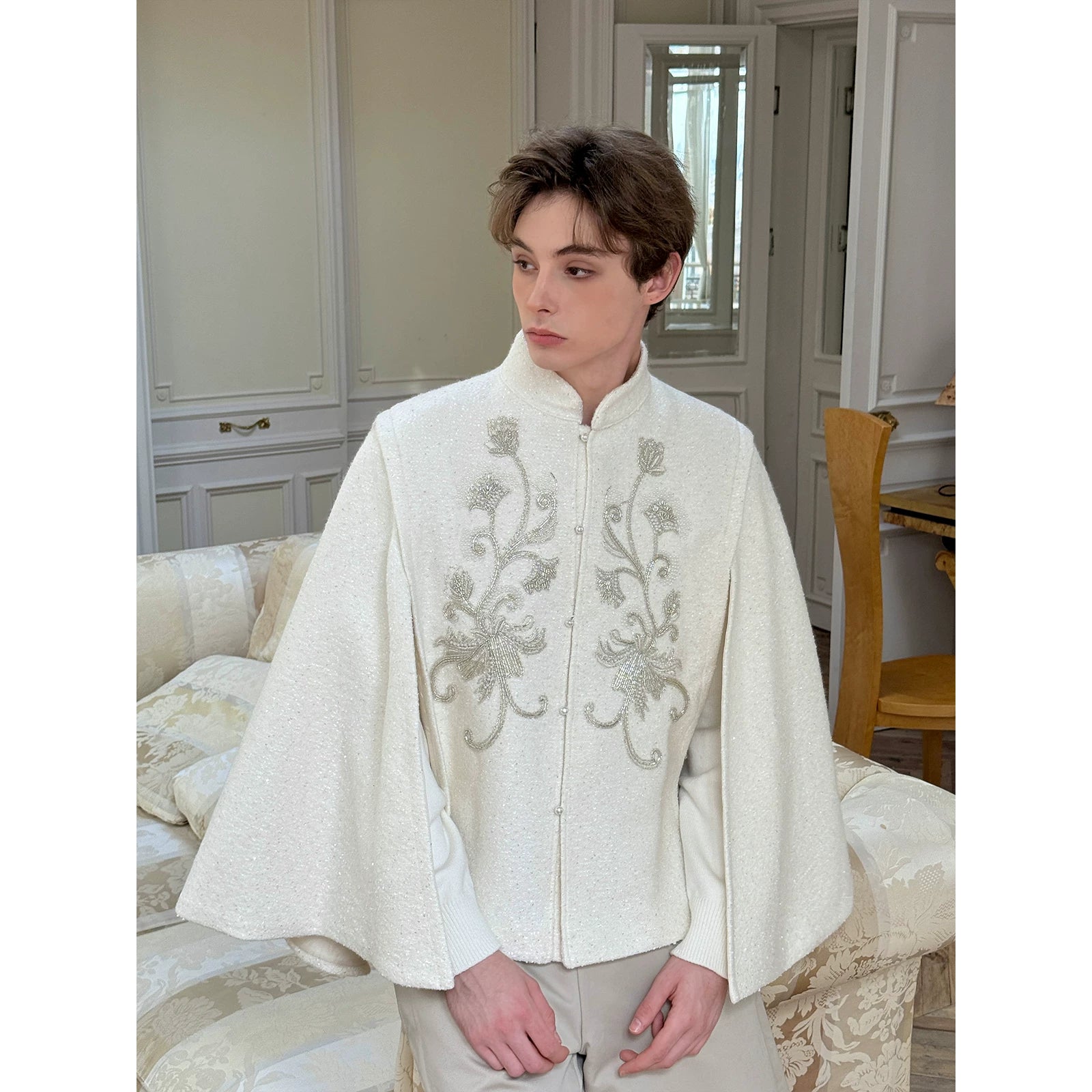 Jacquard Stand-Collar Embroidered Shawl Cape Coat 2