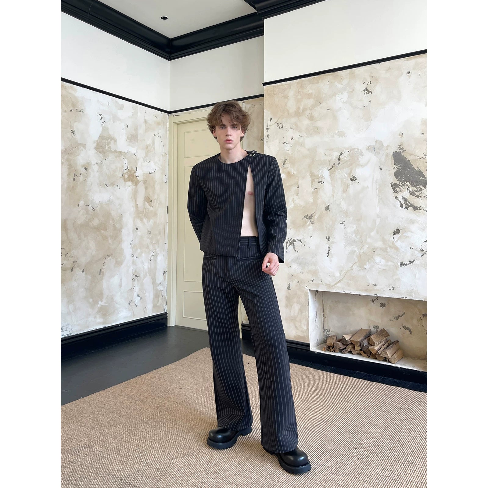 Vertical Stripe Asymmetrical Blazer Pants Set 3