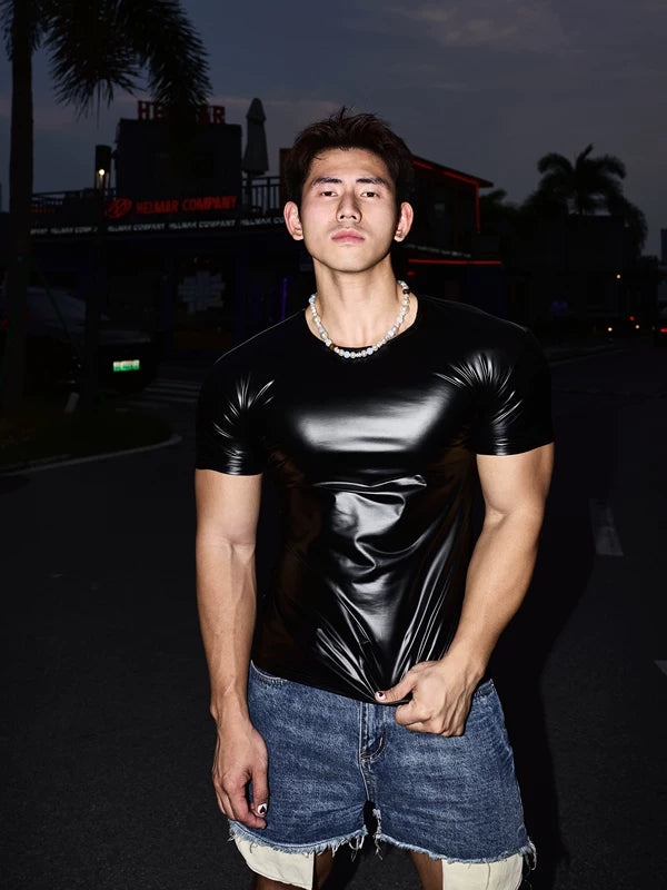 Slim Fit Crew Neck Leather T-Shirt 1