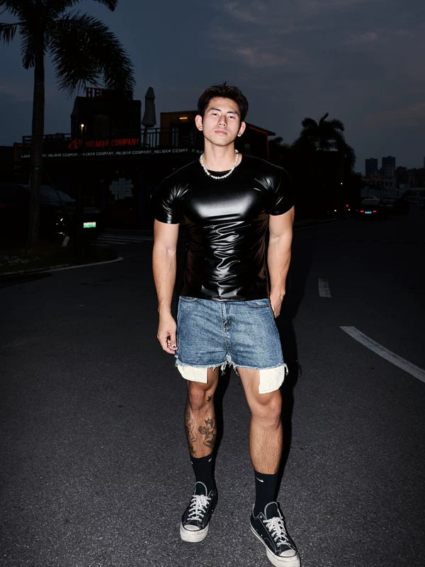 Slim Fit Crew Neck Leather T-Shirt 2