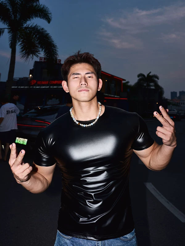 Slim Fit Crew Neck Leather T-Shirt 4