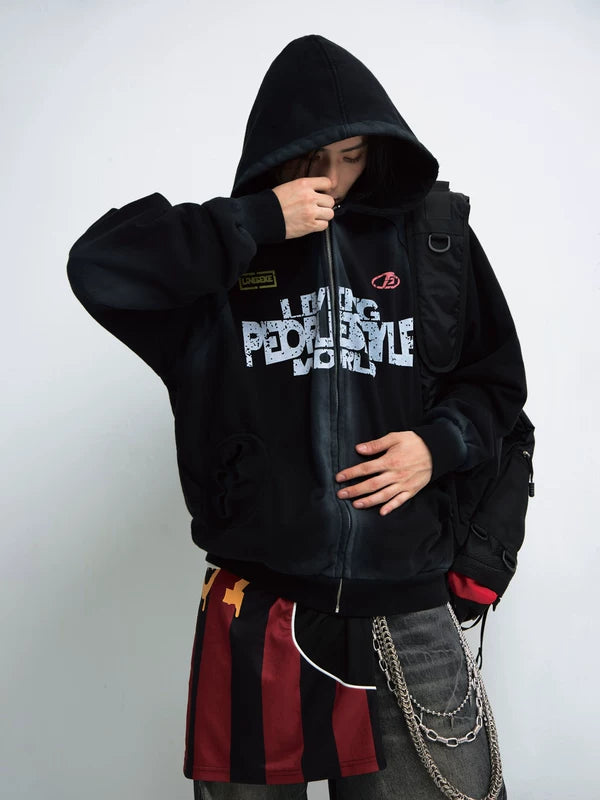 Distressed Graphic Zip Up Hooded Sweatshirt 1
