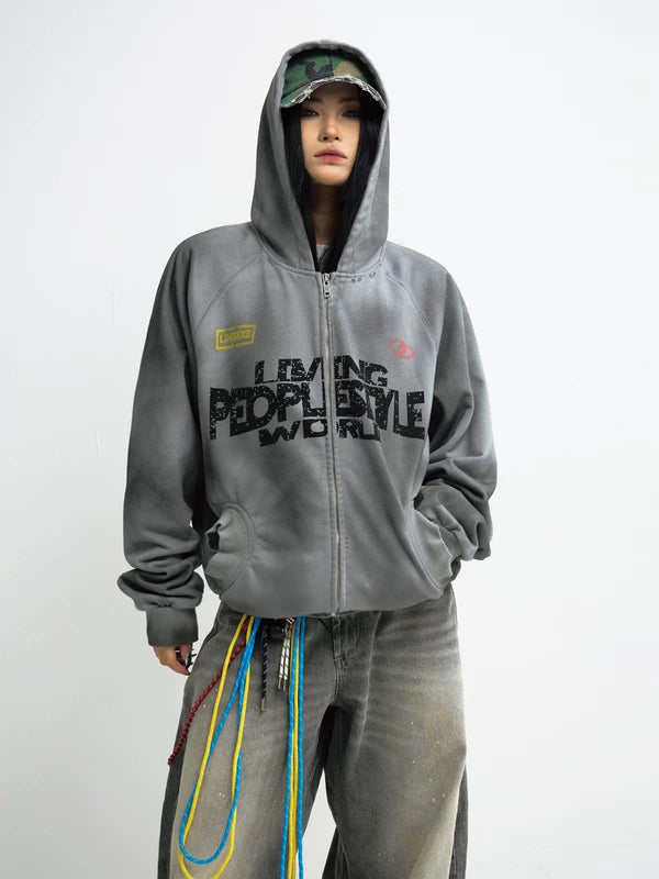Distressed Graphic Zip Up Hooded Sweatshirt 2