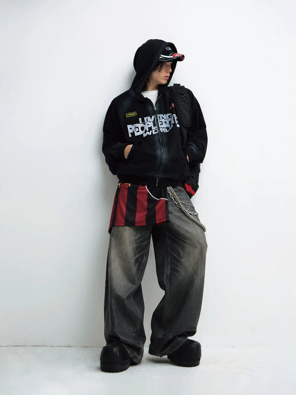 Distressed Graphic Zip Up Hooded Sweatshirt 4