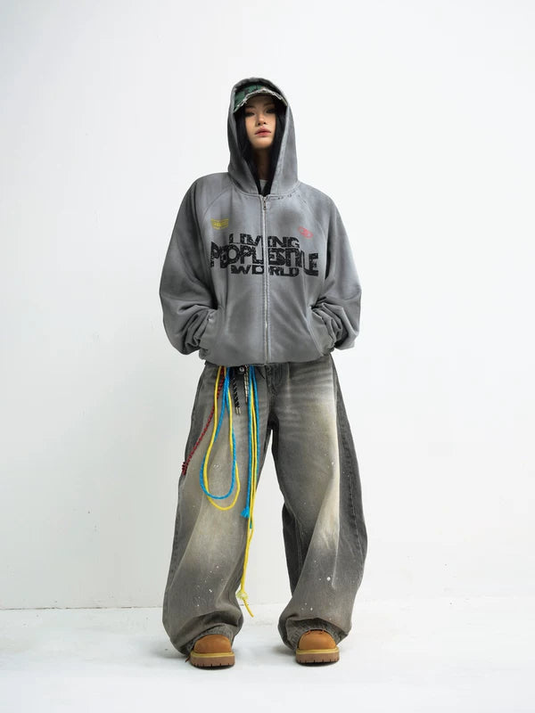 Distressed Graphic Zip Up Hooded Sweatshirt 5