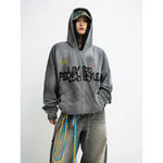5751979002121,5751979002122,5751979002123, Distressed Graphic Zip Up Hooded Sweatshirt