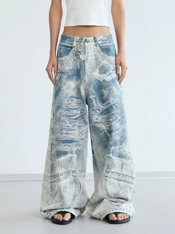 Retro 3D Print Baggy Wide-Leg Jeans Pants 1