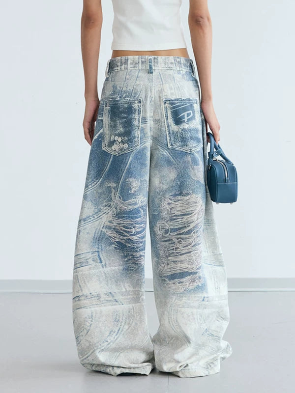 Retro 3D Print Baggy Wide-Leg Jeans Pants 2