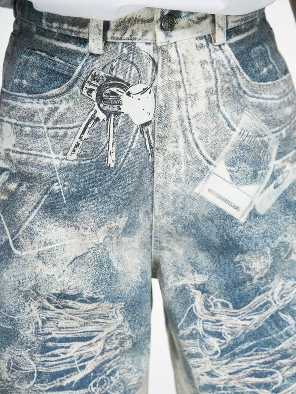 Retro 3D Print Baggy Wide-Leg Jeans Pants 3