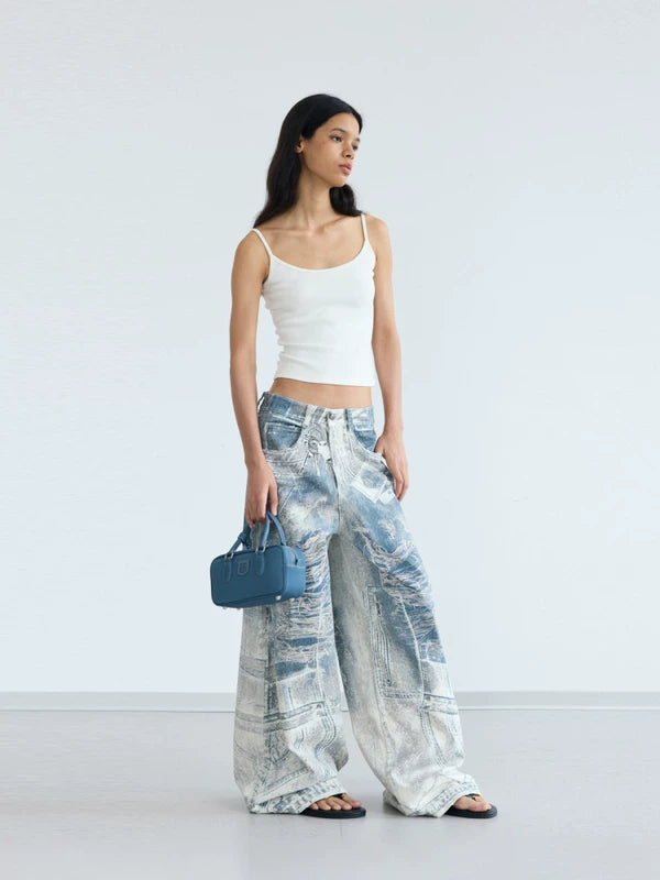 Retro 3D Print Baggy Wide-Leg Jeans Pants 5