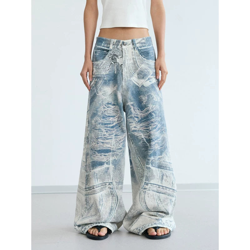 5638471618975,5638471618976,5638471618977,5638471618978, Retro 3D Print Baggy Wide-Leg Jeans Pants