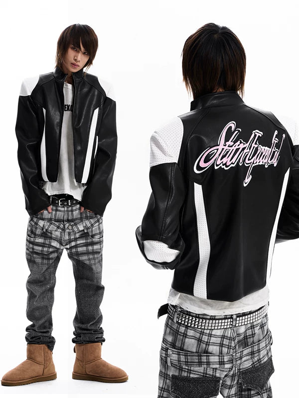 Embroidered Stand Collar Motorcycle Leather Jacket 1