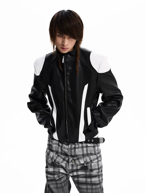 Embroidered Stand Collar Motorcycle Leather Jacket 2