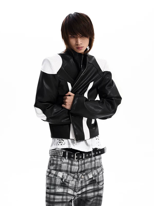 Embroidered Stand Collar Motorcycle Leather Jacket 3