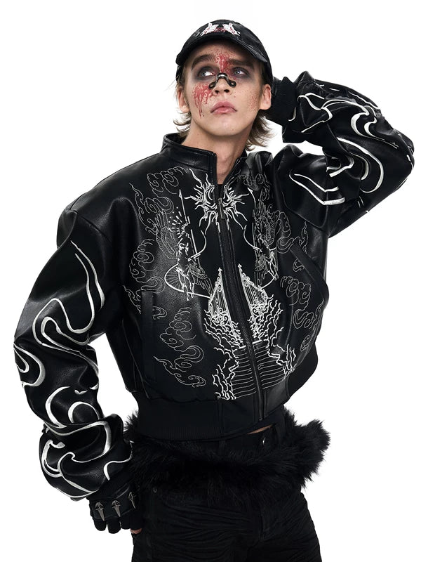 Embroidered Leather Motorcycle Jacket 2
