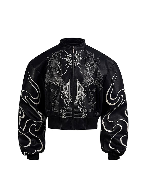 Embroidered Leather Motorcycle Jacket 5