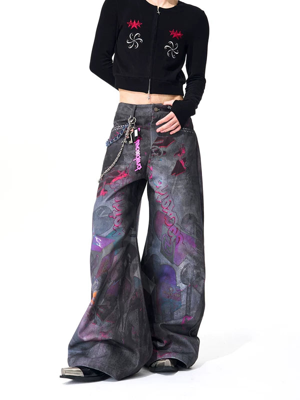 Distressed Graphic Print Wide-Leg Pants 2