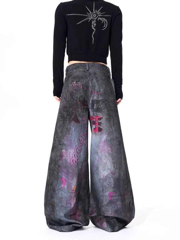 Distressed Graphic Print Wide-Leg Pants 4