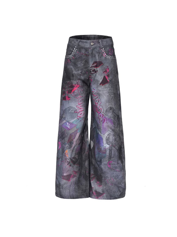 Distressed Graphic Print Wide-Leg Pants 5
