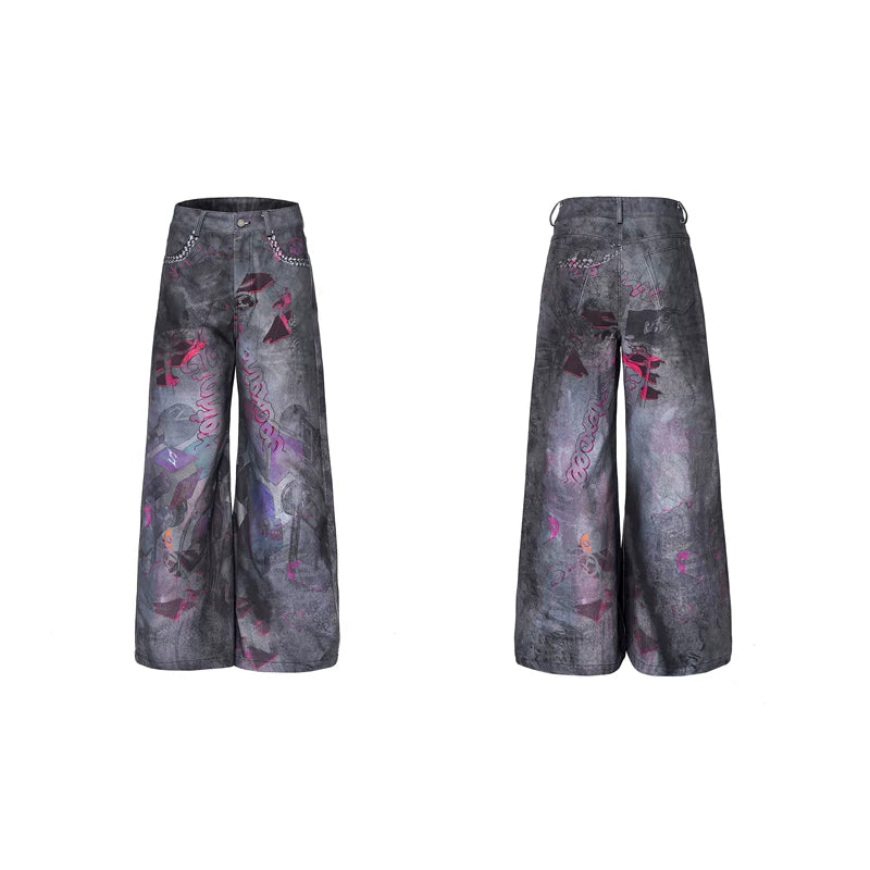 5946845152747,5946845152748,5946845152749,5946845152750, Distressed Graphic Print Wide-Leg Pants