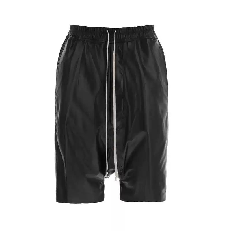 Drop-Crotch Faux Leather Drawstring Shorts 1