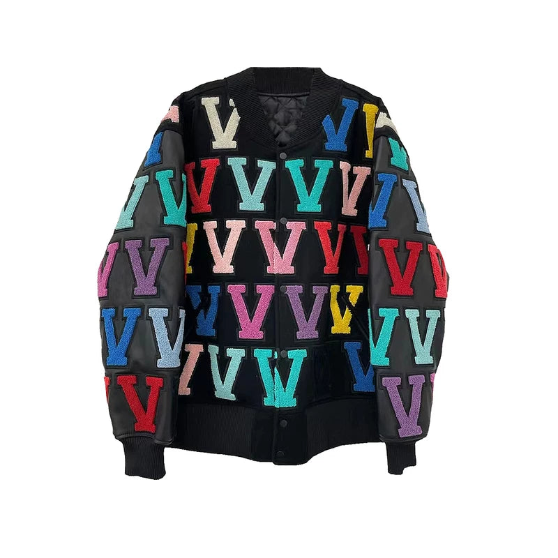 Embroidered Letter Pattern Varsity Baseball Jacket 1