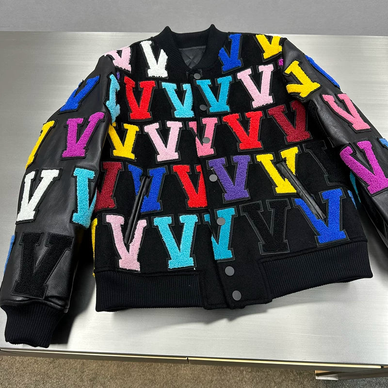Embroidered Letter Pattern Varsity Baseball Jacket 2