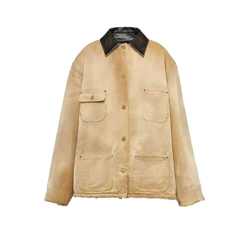 Oversized Canvas Cowhide Collar Workwear Jacket 1