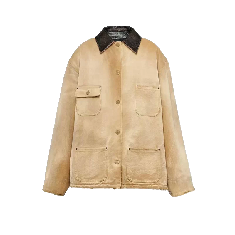 Oversized Canvas Cowhide Collar Workwear Jacket 2