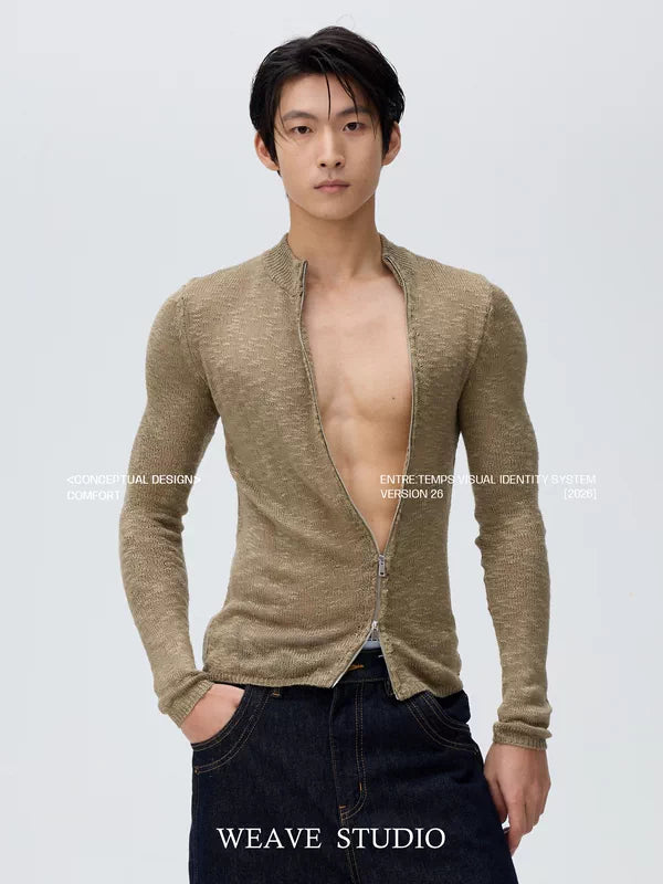 Slim Fit Openwork Knit Zip Cardigan 2