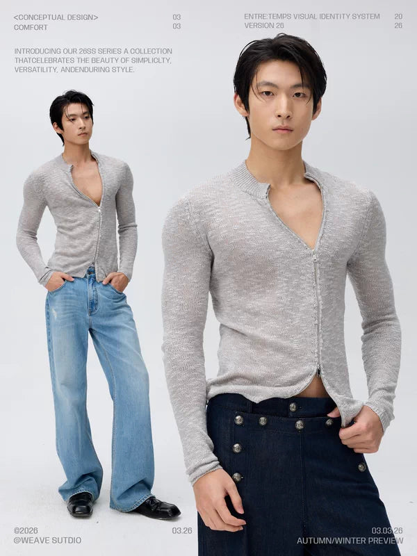 Slim Fit Openwork Knit Zip Cardigan 4