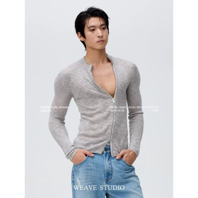 6036412477989,6036412477990,6036412477991, Slim Fit Openwork Knit Zip Cardigan