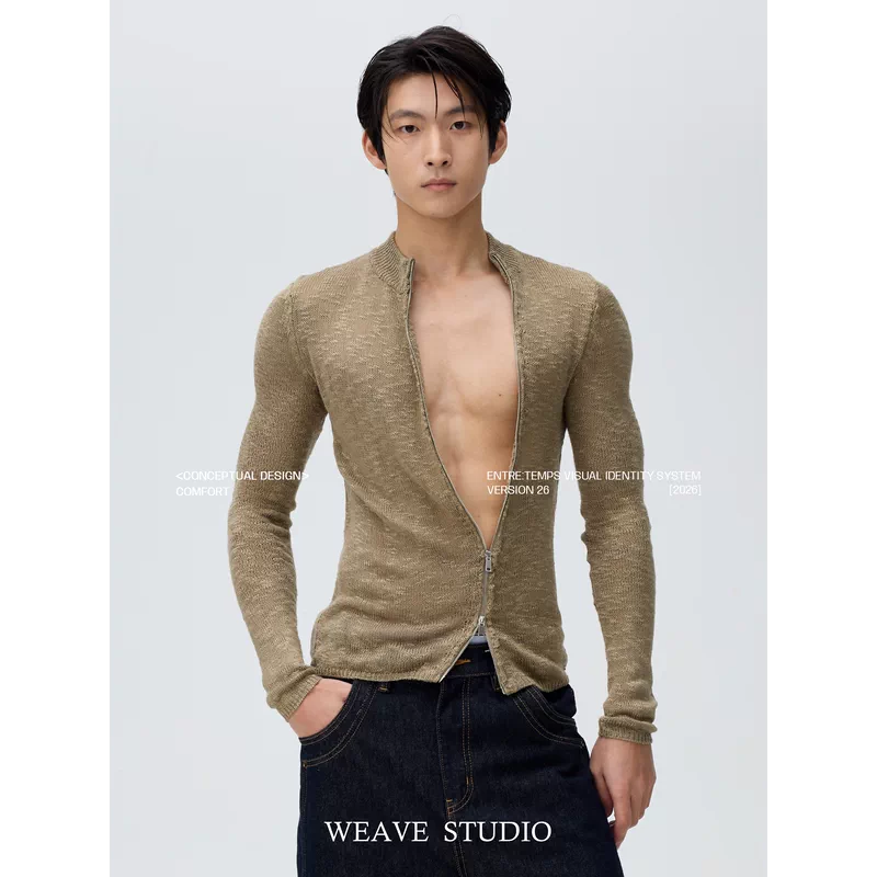 6036412477992,6036412477993,6036412477994, Slim Fit Openwork Knit Zip Cardigan
