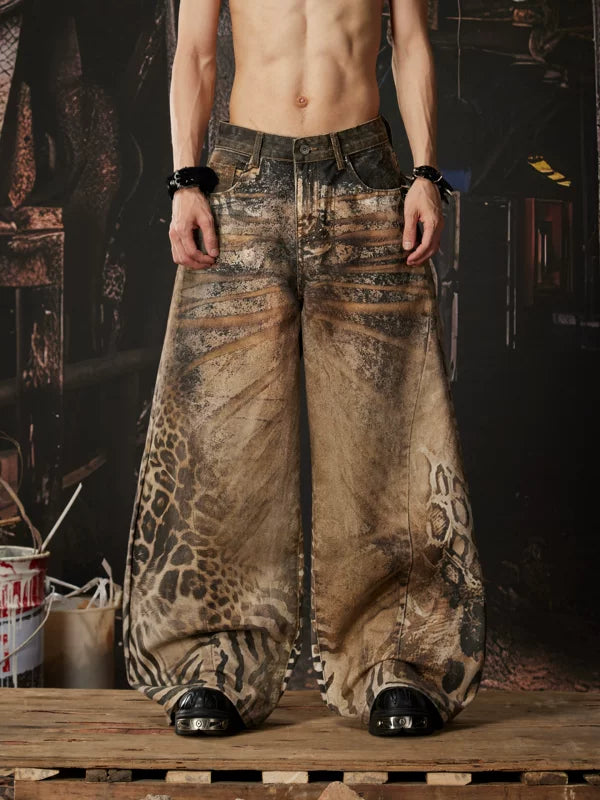 Animal Print 3D Wide Leg Jeans Pants 1