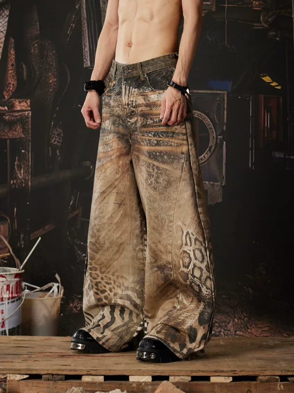 Animal Print 3D Wide Leg Jeans Pants 2
