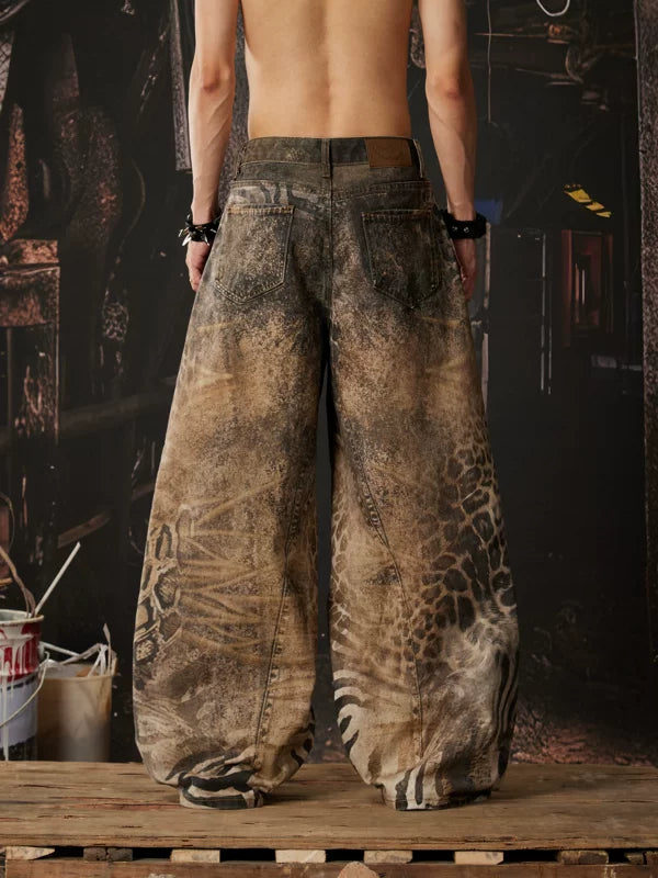 Animal Print 3D Wide Leg Jeans Pants 3